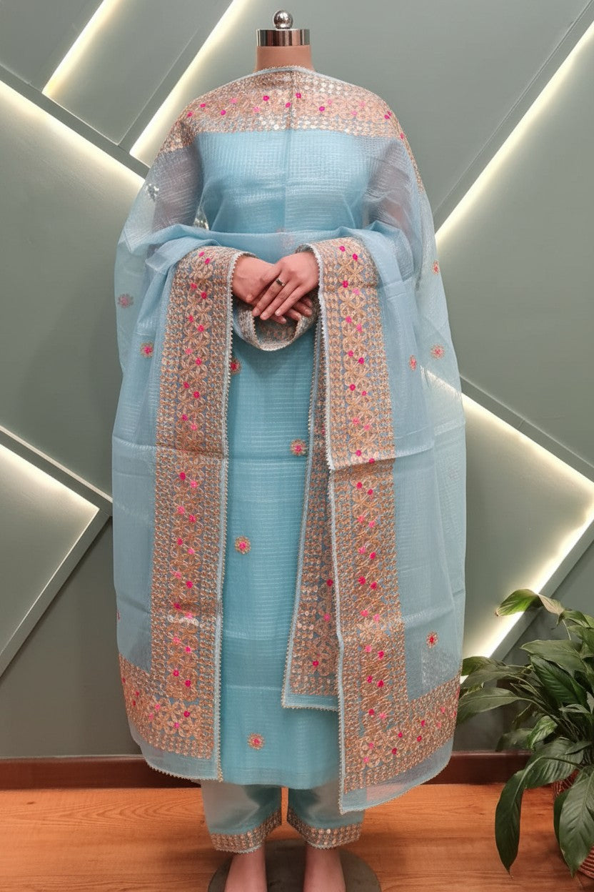 Aqua Gota Anarkali - Lightweight Organza Kurta Set with Gold Gota-Patti & Pink Floral Embroidery