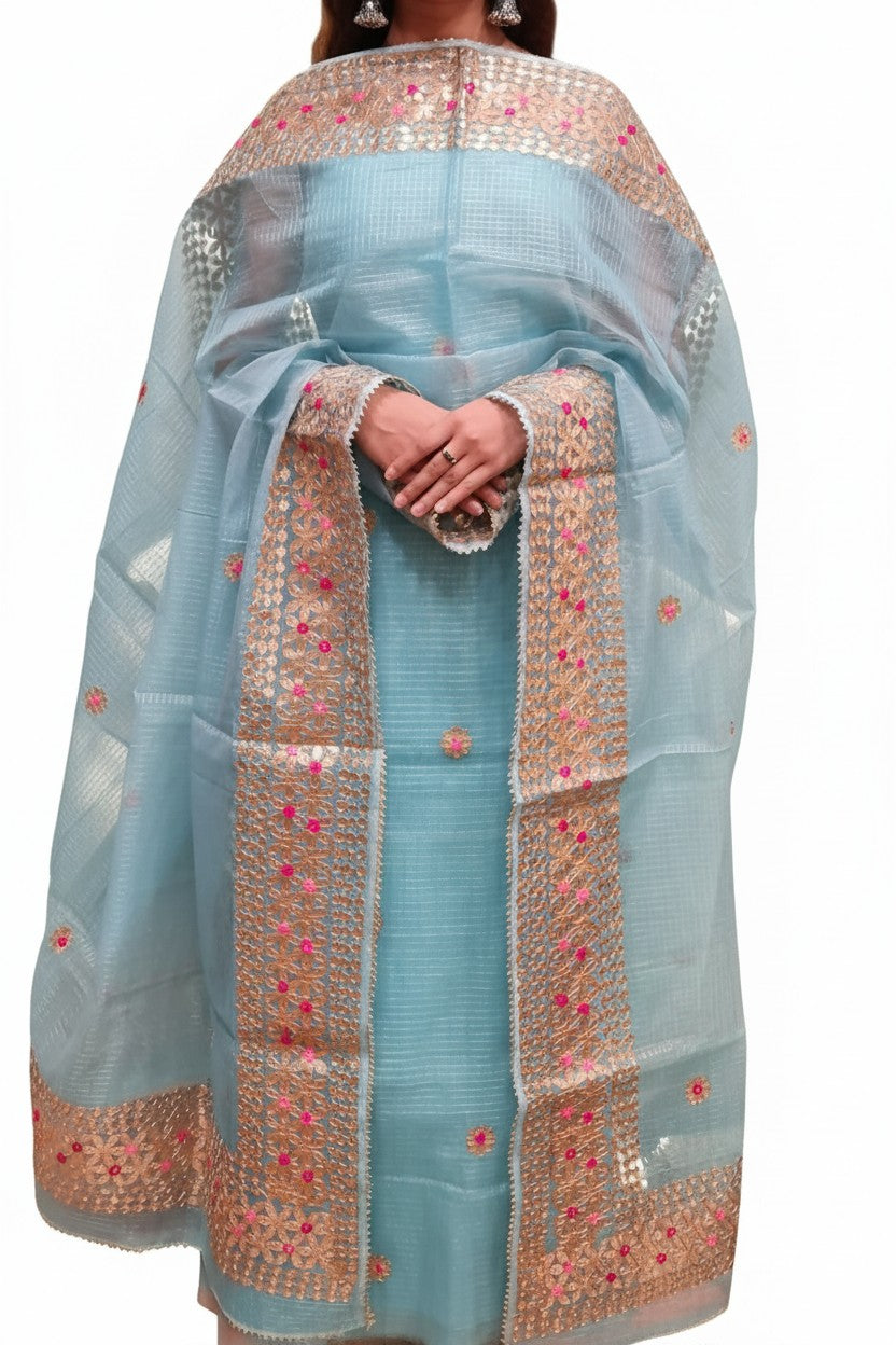 Aqua Gota Anarkali - Lightweight Organza Kurta Set with Gold Gota-Patti & Pink Floral Embroidery