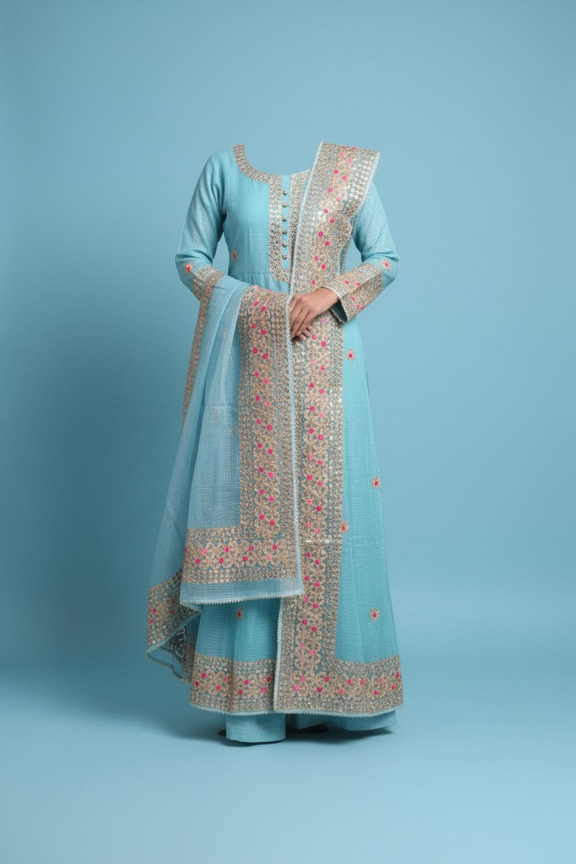 Aqua Gota Anarkali - Lightweight Organza Kurta Set with Gold Gota-Patti & Pink Floral Embroidery