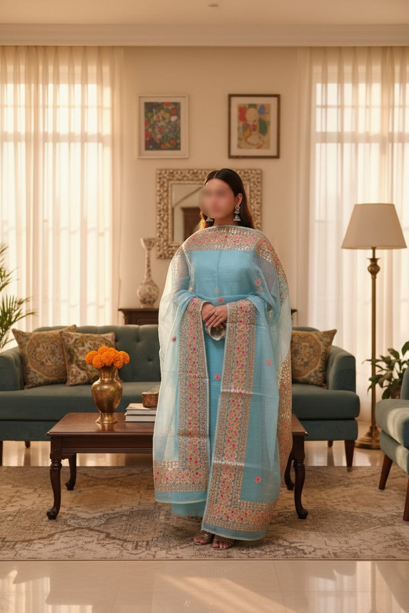 Aqua Gota Anarkali - Lightweight Organza Kurta Set with Gold Gota-Patti & Pink Floral Embroidery