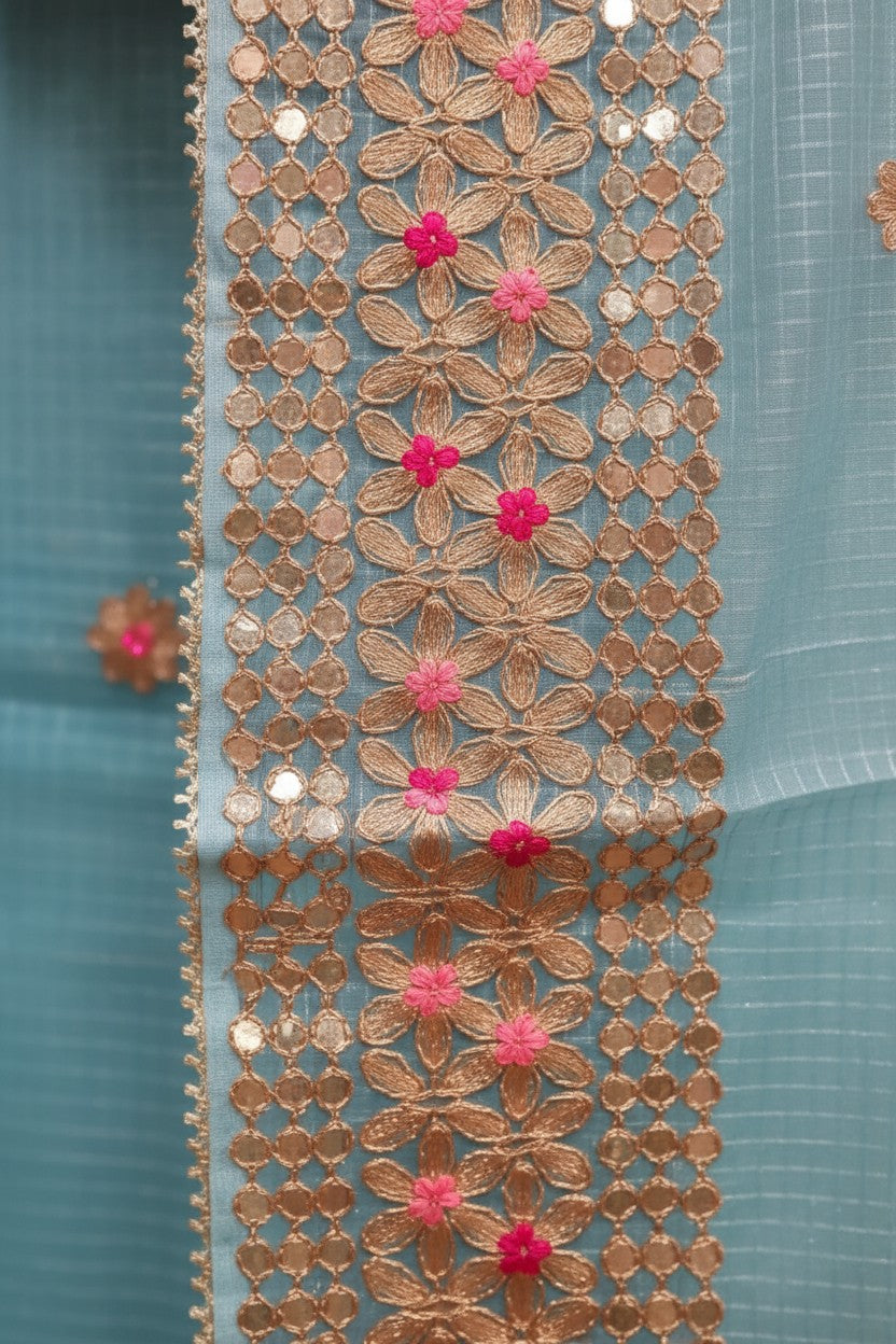 Aqua Gota Anarkali - Lightweight Organza Kurta Set with Gold Gota-Patti & Pink Floral Embroidery