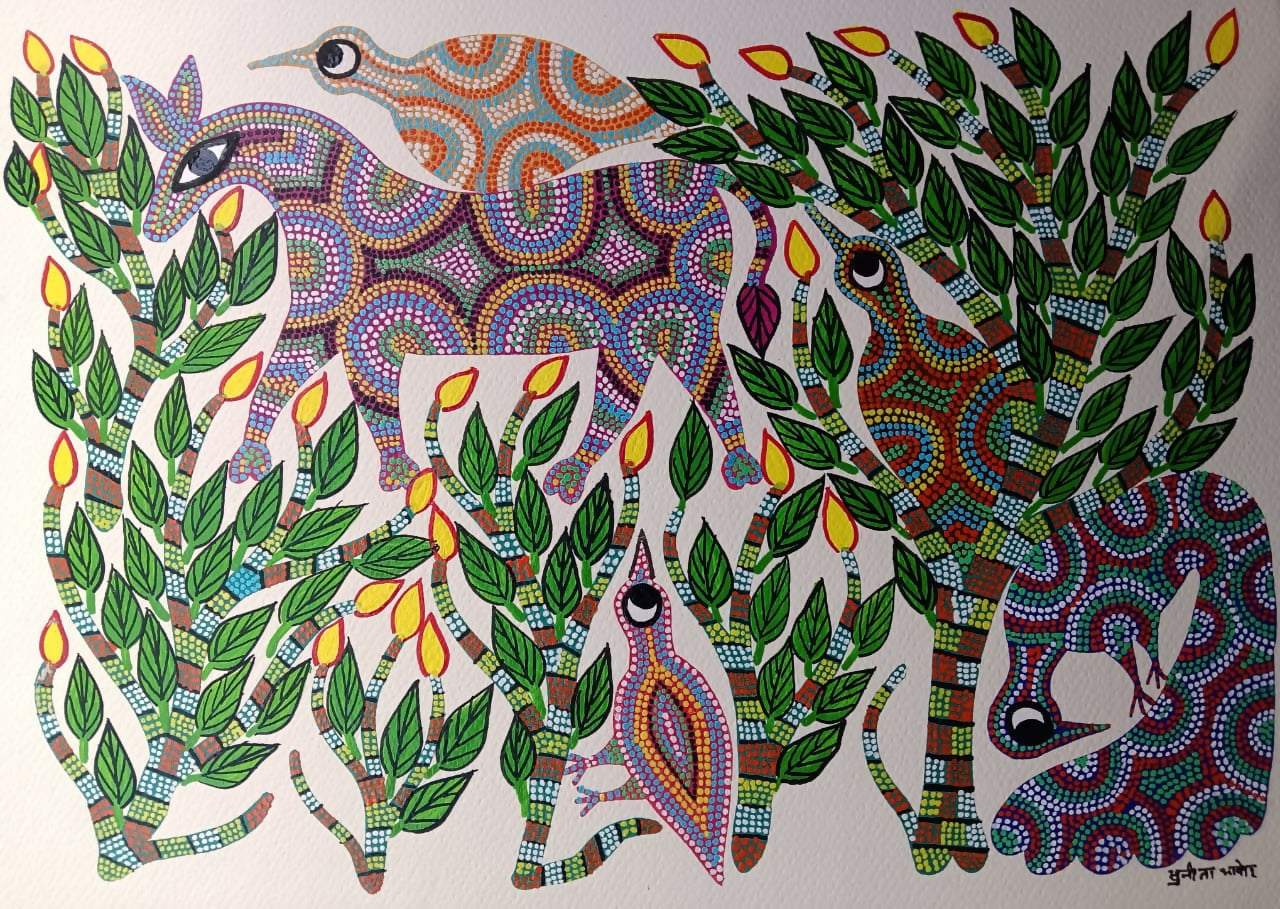Vibrant Wildlife amid Greenery- Pithora Painting