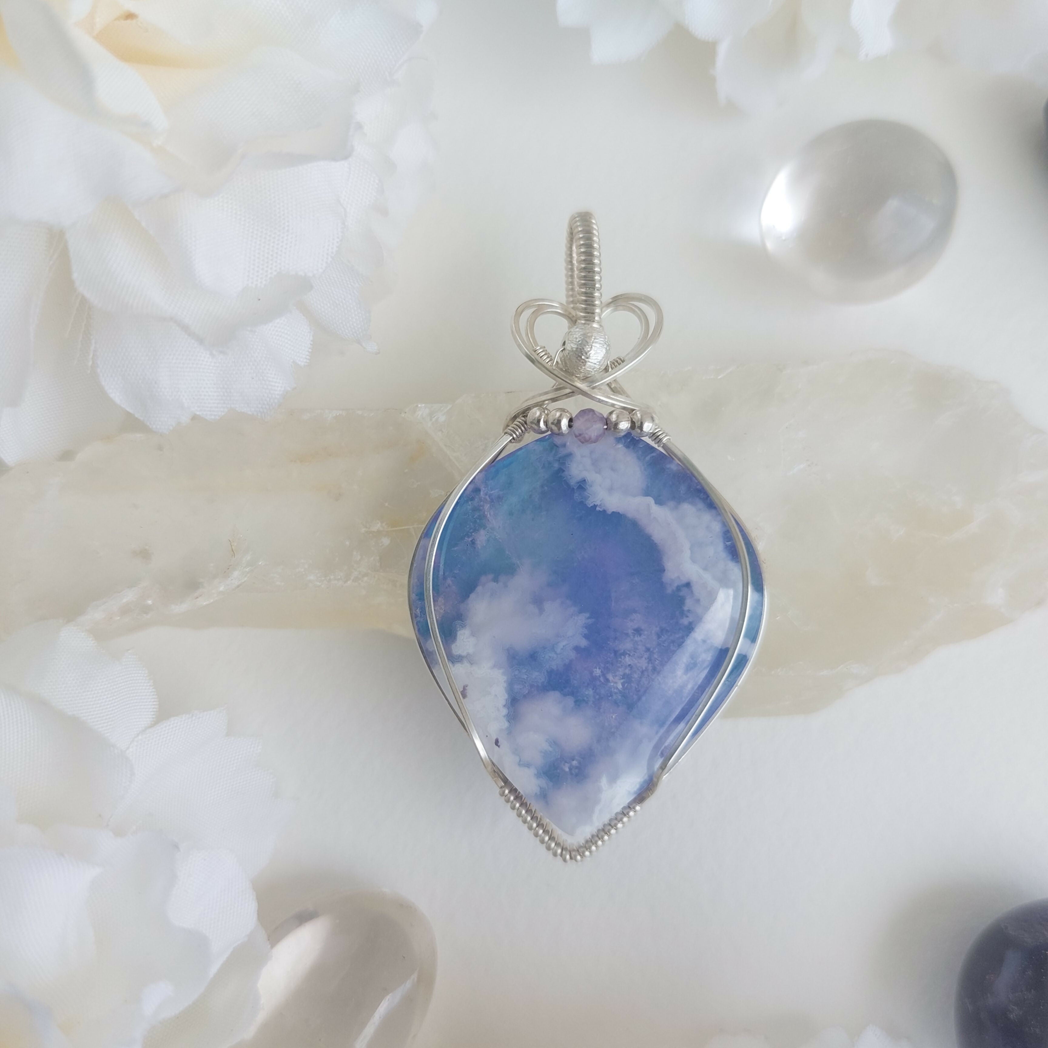 A piece of sky- aurora effect- plume agate doublet sterling silver wire wrapped handmade pendant