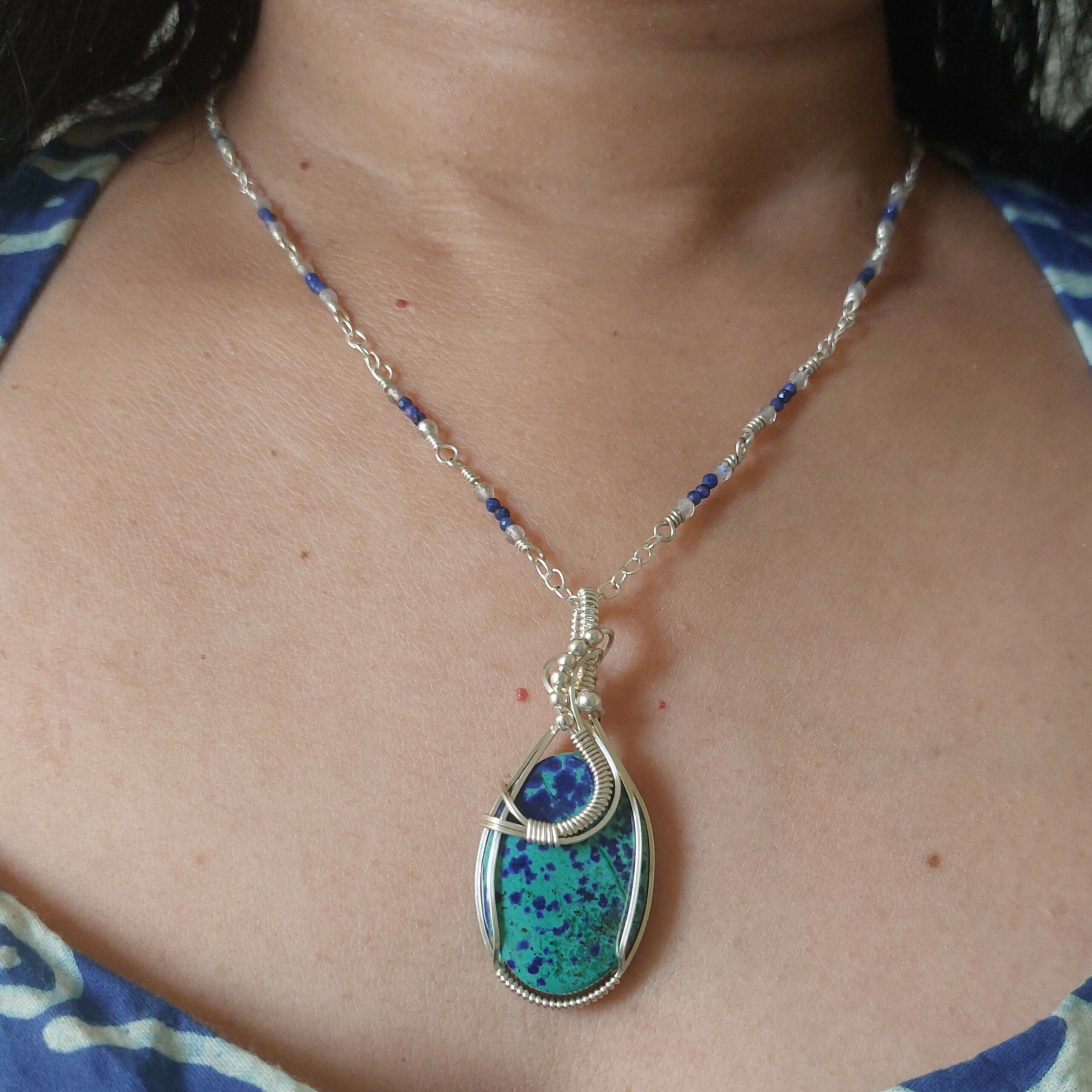 Bluebird Azurite sterling silver handmade Wire Wrapped pendant