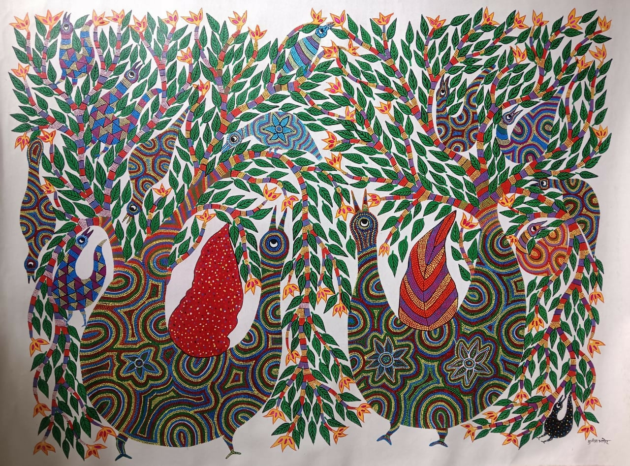 Peacocks in the Canopy- Pithora Painting