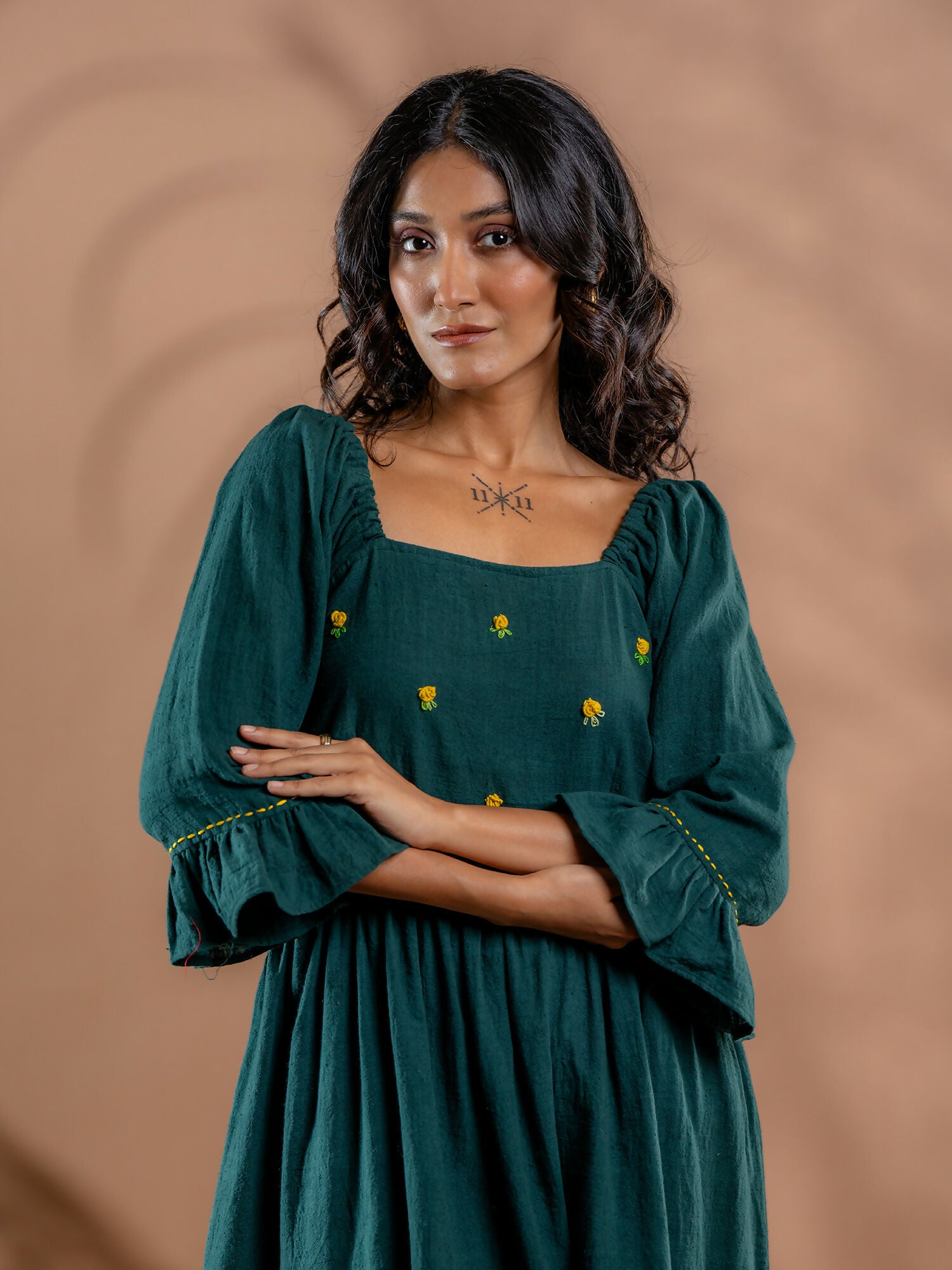 Ocean Meadow Embroidered Kala Cotton Gathered Dress