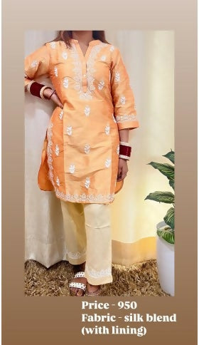 Peach Silk Chikankari Set