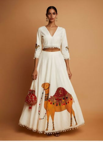 Rajputana Canvas Lehenga -Printed V-Neck Ready To Wear Cotton Lehenga & Choli