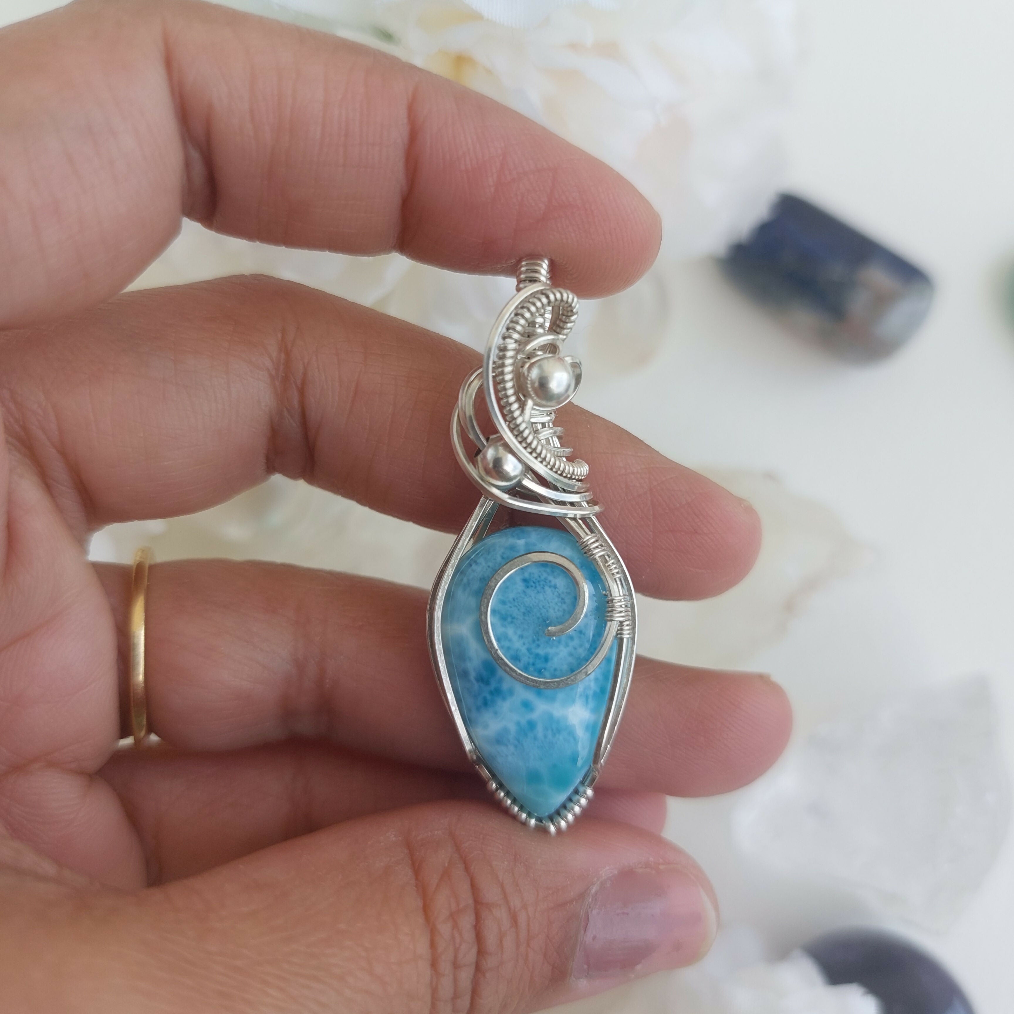 Larimar sterling silver wire wrapped handmade pendant