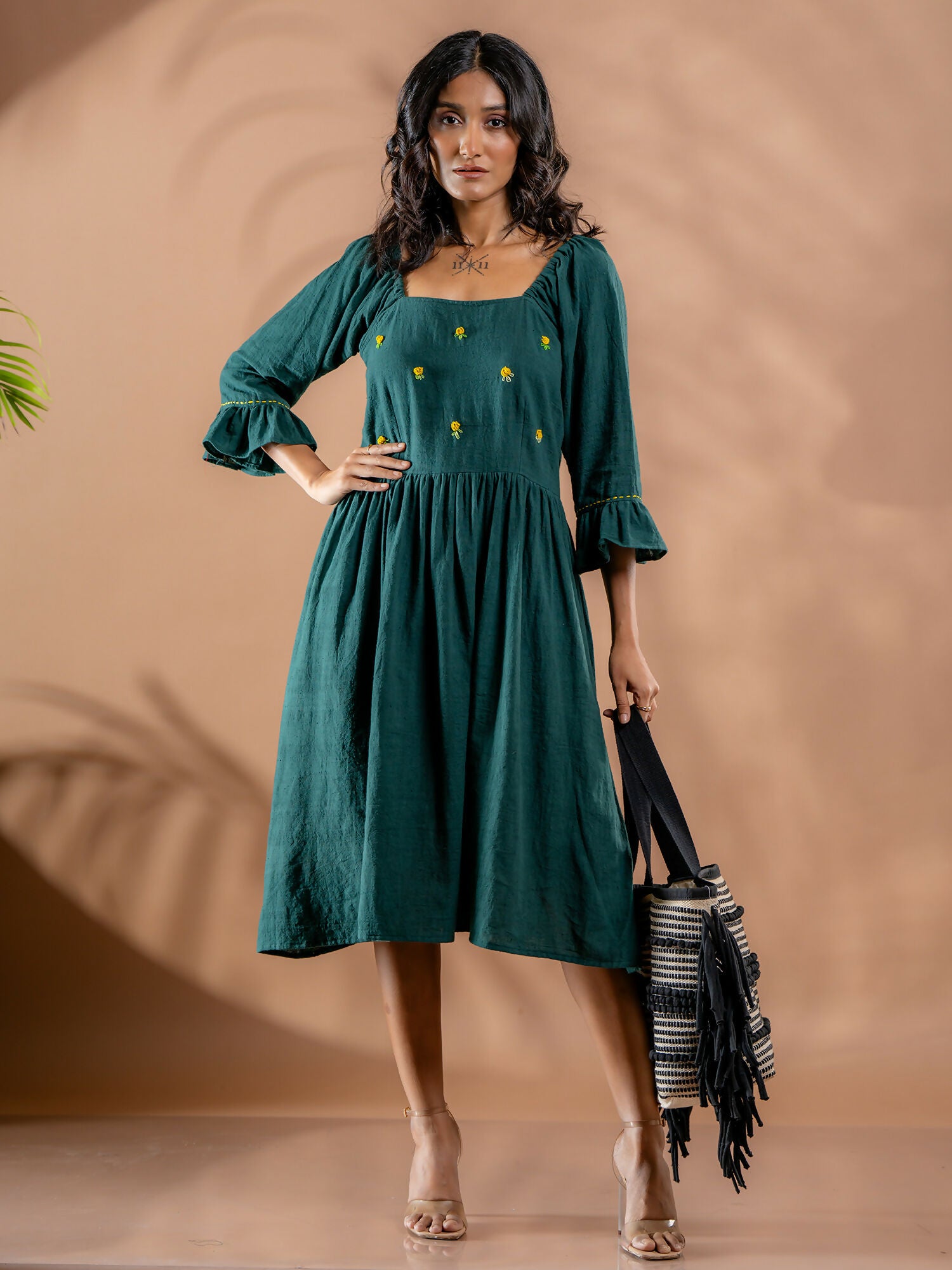 Ocean Meadow Embroidered Kala Cotton Gathered Dress
