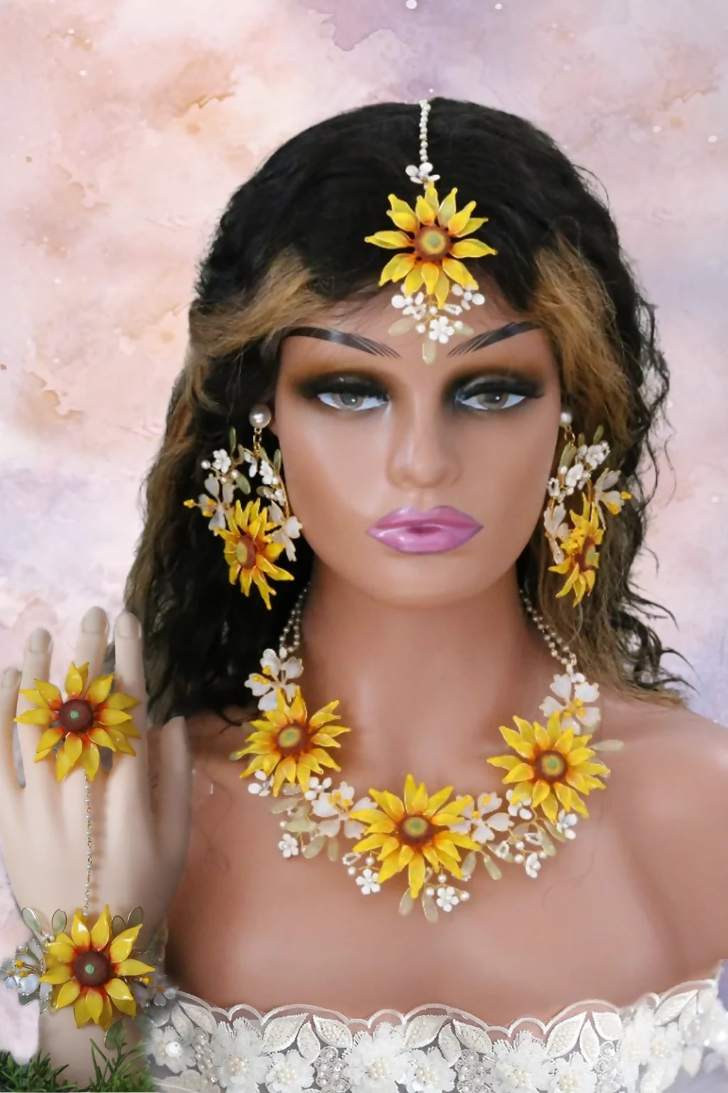 Sunflower Serenity – Handmade Resin Bridal Jewelry Set with Necklace, Earrings, Maangtika, Finger Ring, Haathphool & Waistbelt