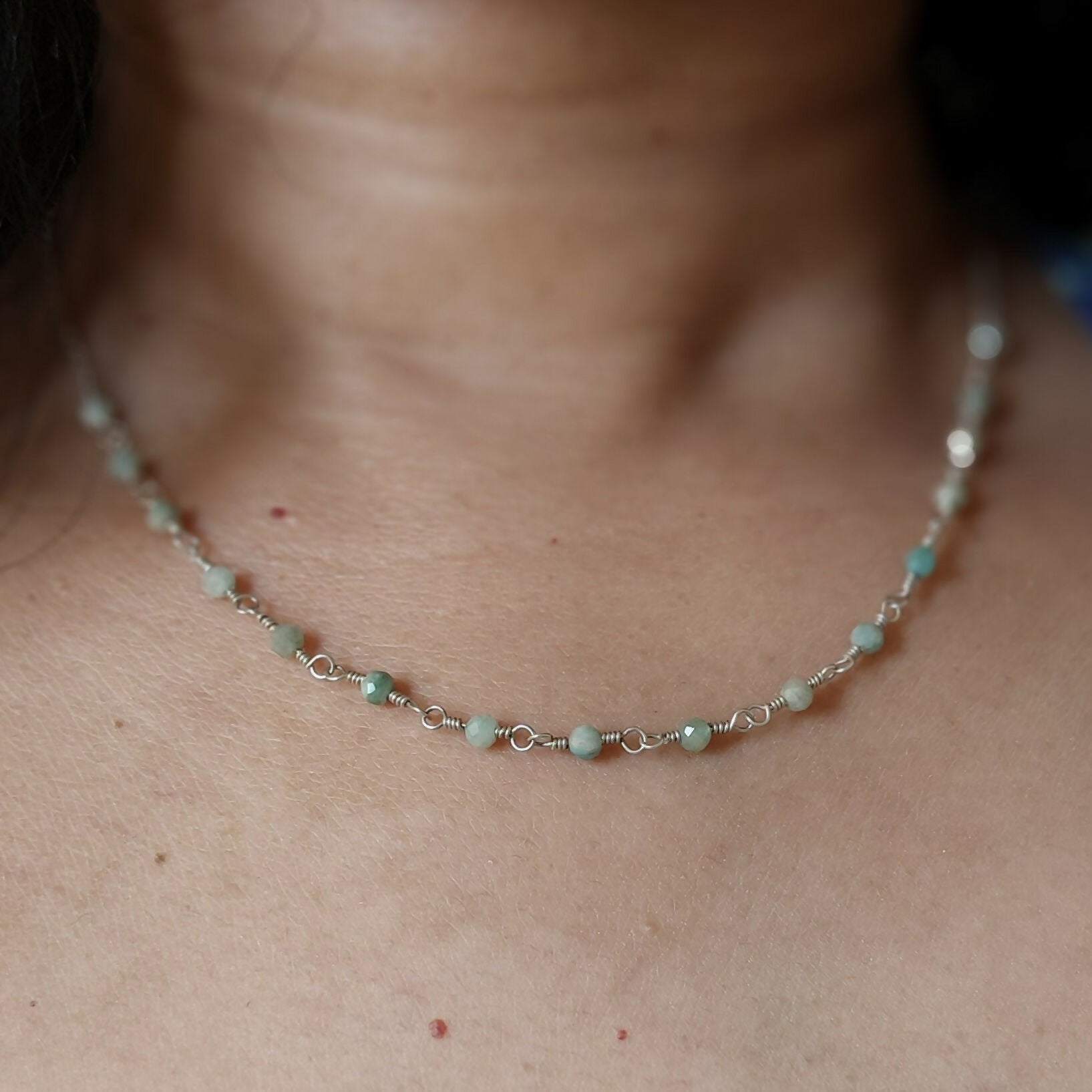 Amazonite wire wrapped handmade sterling silver beaded chain