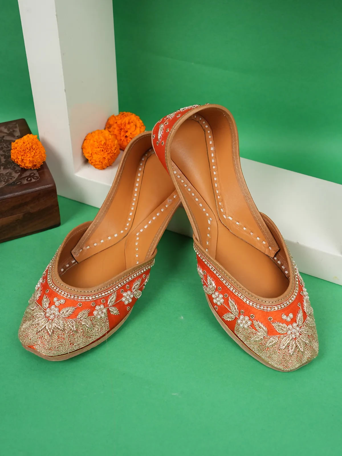 Red Golden Handicrafted Jutti For Women