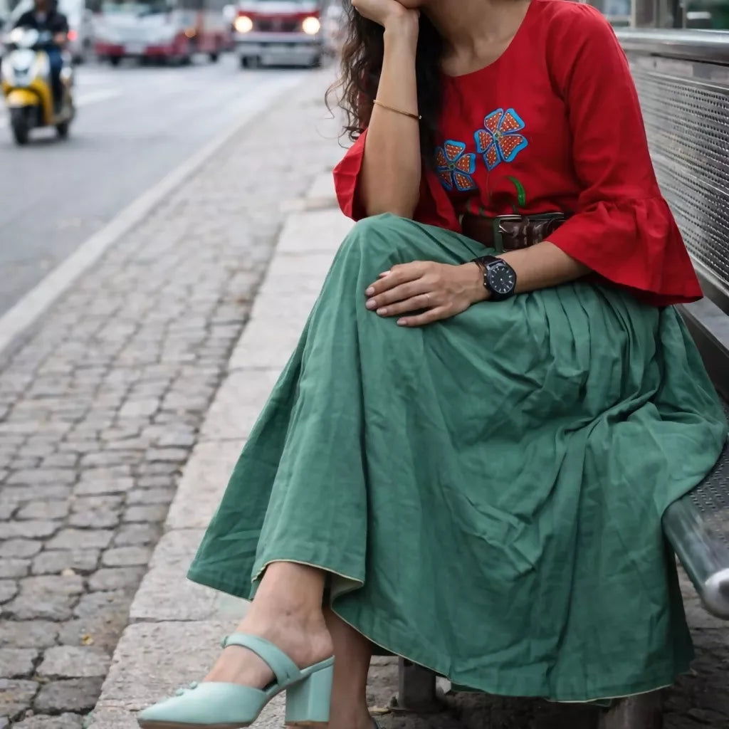 NEBULA Olive Green Corset Midi Skirt – Buttoned A-Line Pleated Skirt with Pockets