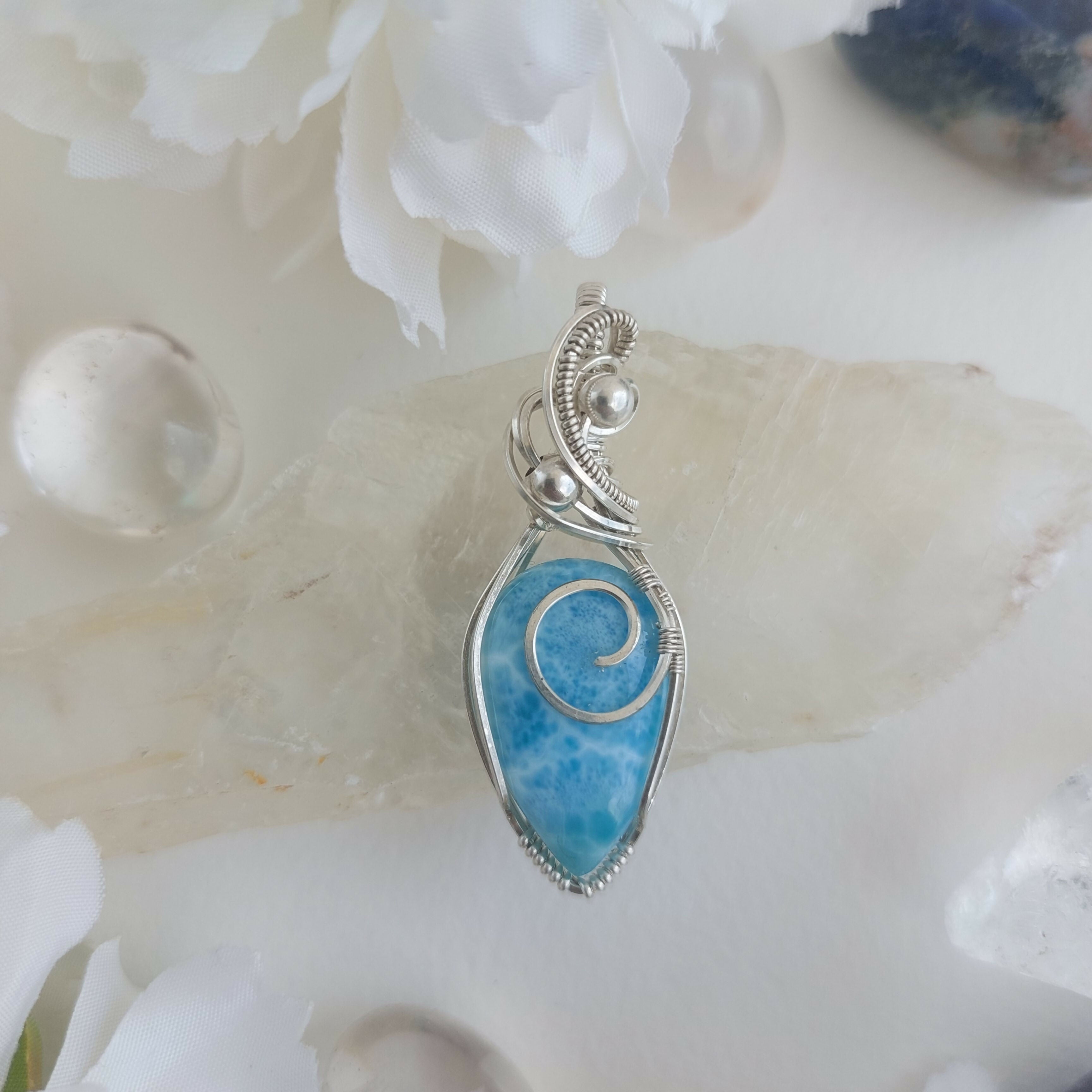 Larimar sterling silver wire wrapped handmade pendant