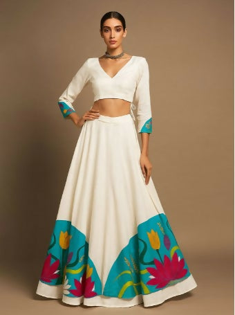 Turquoise Flora Set- Printed V-Neck Ready To Wear Cotton Lehenga & Choli
