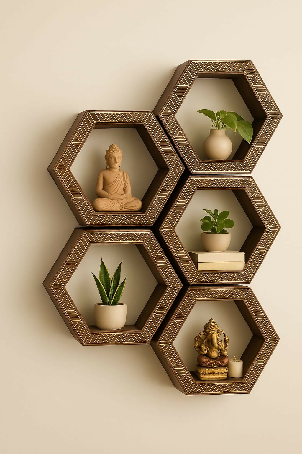 Hexagon Wall Shelf with Brass Inlay – Set of 5