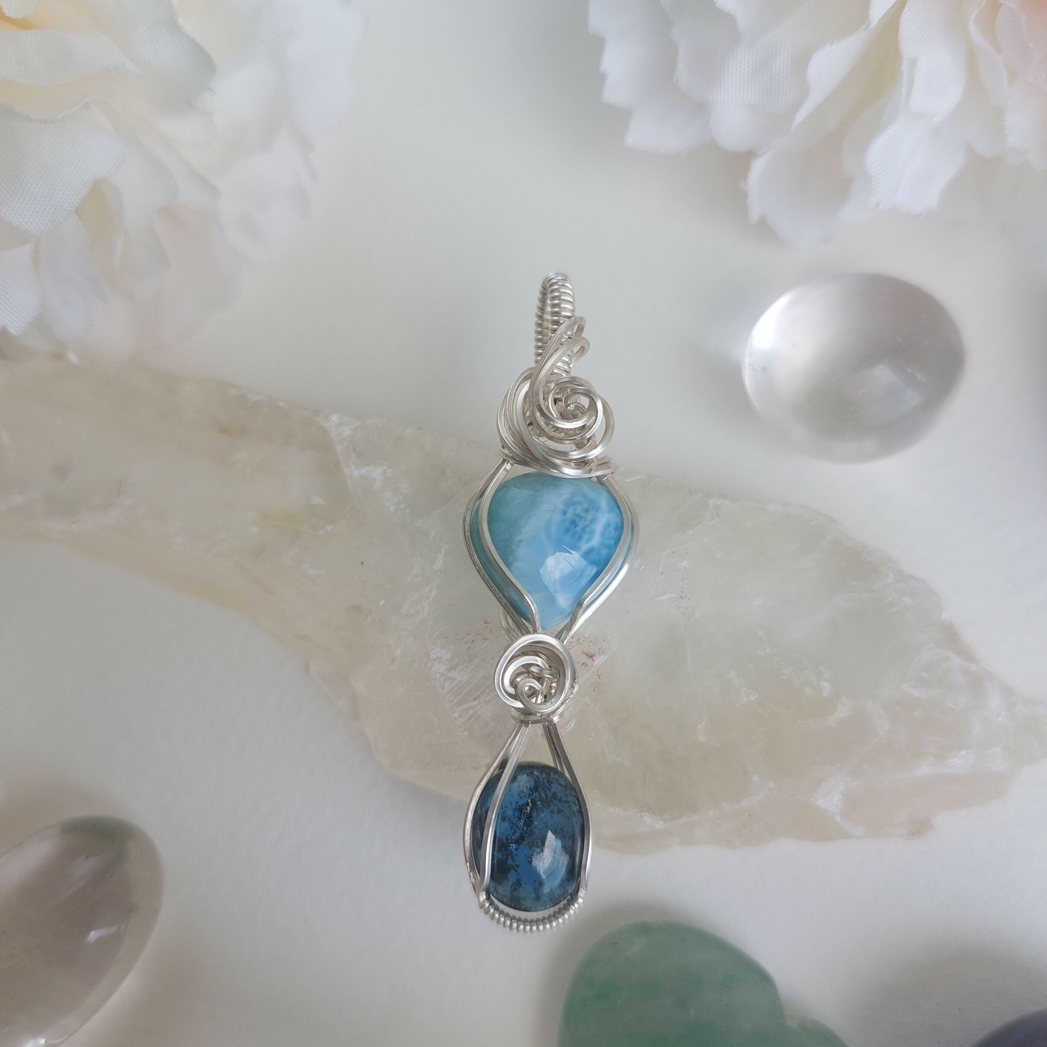 Larimar- teal kyanite double stone sterling silver wire wrapped handmade pendant