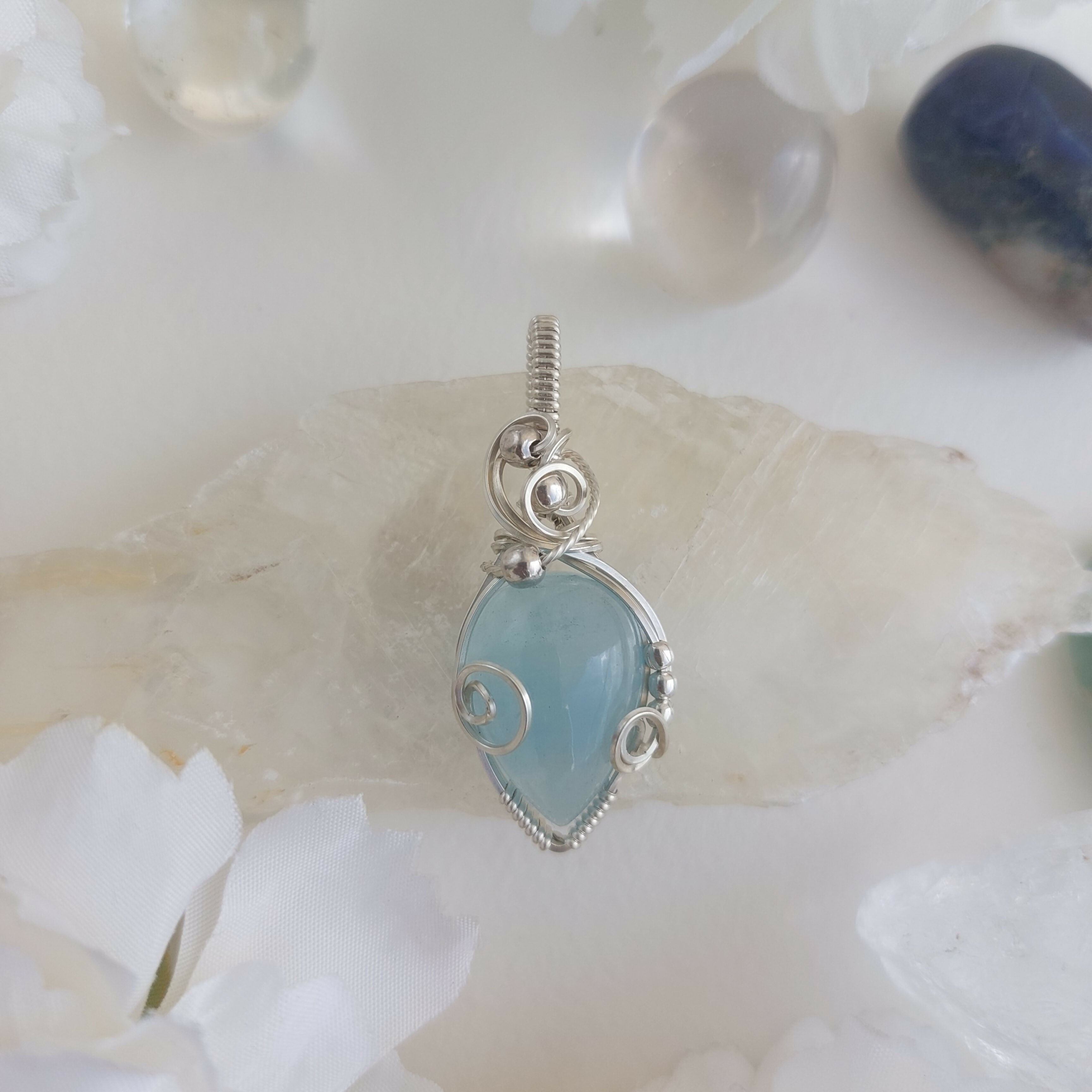 Aquamarine sterling silver wire wrapped handmade sterling silver pendant