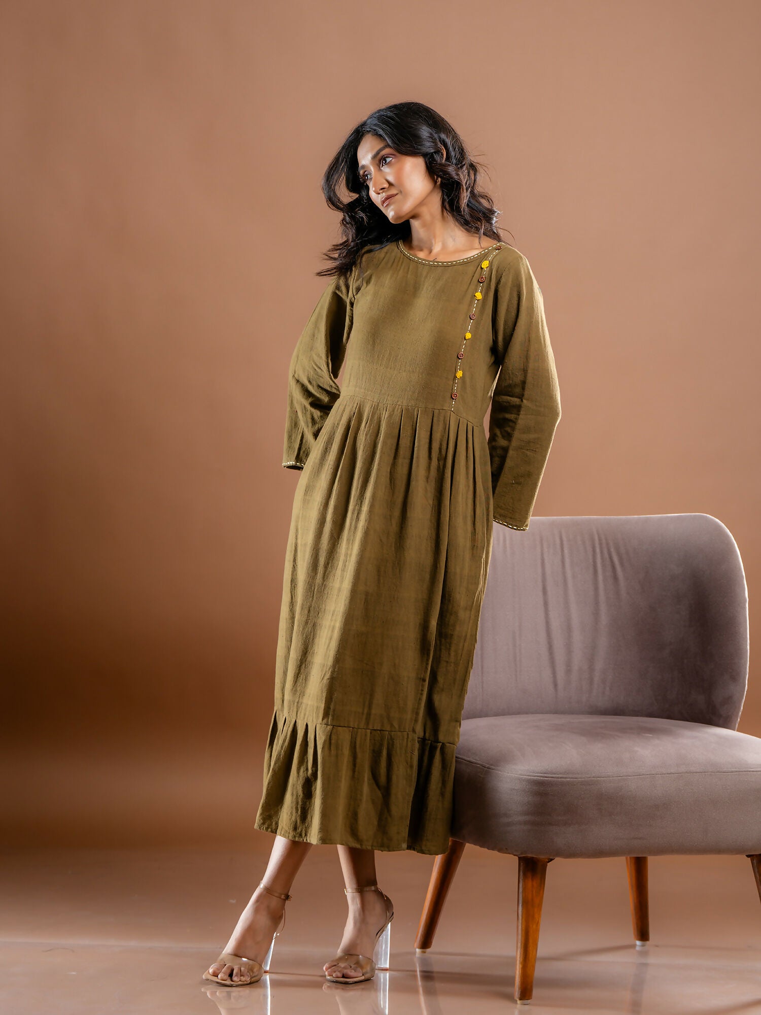 Aranya Embroidered Olive Kala Cotton Dress