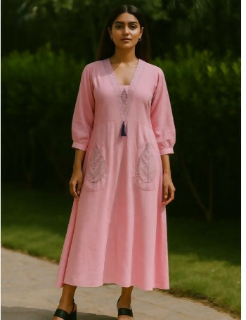 Rosewood Tassel Midi - Women Blush Leaf Embroidered Tunic Dress