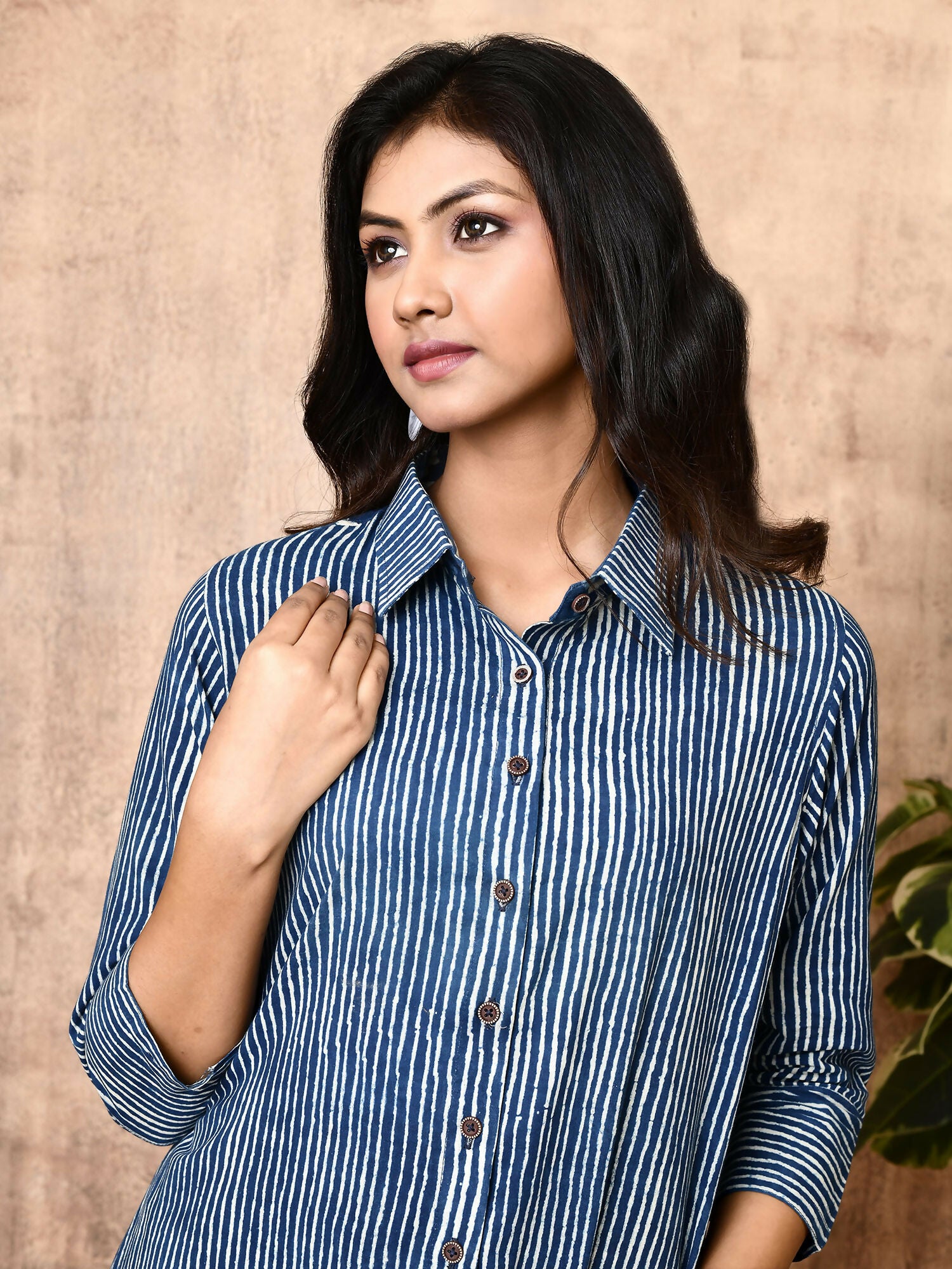 Arika Indigo Block Printed Cotton Long Shirt Dress